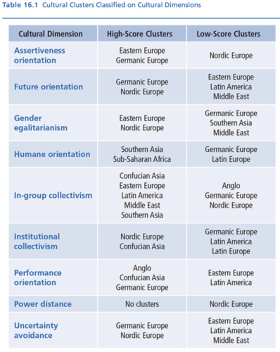 <p>- Assertiveness Orientation</p><p>- Future Orientation</p><p>- Gender Egalitarianism</p><p>- Humane Organization</p><p>- In-group Collectivism</p><p>- Institutional Collectivism</p><p>- Performance Orientation</p><p>- Power Distance</p><p>- Uncertainty Avoidance</p>