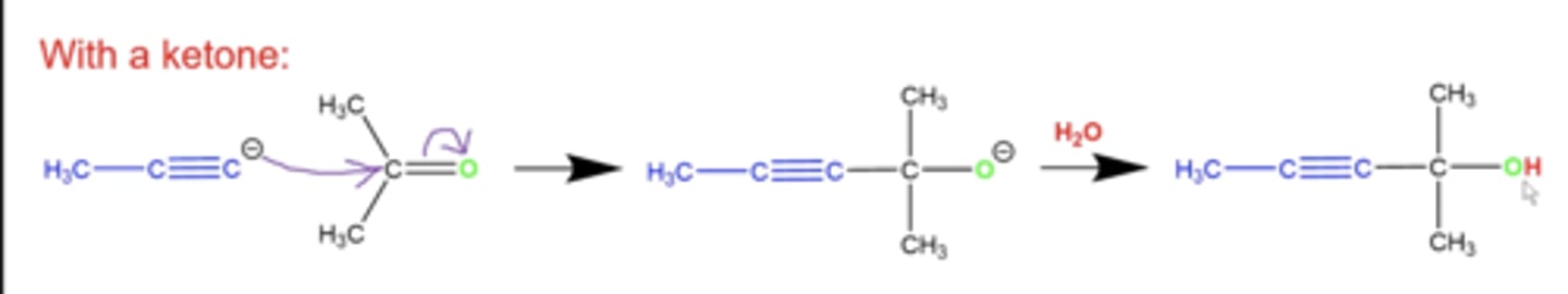 <p>the C- on the terminal alkyne can attack the middle carbon of the ketone, adding the ketone to the alkyne, but with an OH instead of an =O</p>