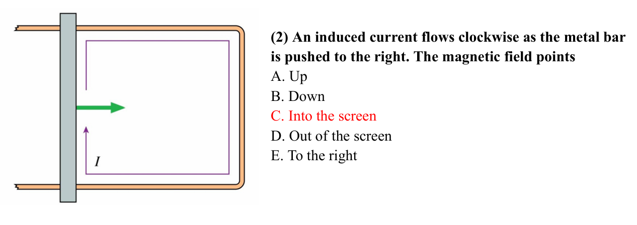 <p>C. Into the screen </p><p>The direction of the magnetic field can be found using curl finger rhr with the given direction of the current (clockwise). The magnetic field (thumb) points into the screen. </p>