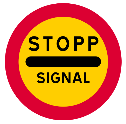 <p><span>Märket anger skyldighet att stanna av den anledning som anges under det vågräta strecket. Om märket är uppsatt före en trafiksignal, anger det att fordon som ska passera signalen ska stanna vid röd signalbild. Fordonet ska stannas vid en stopplinje eller, om sådan saknas, vid märket. Transportstyrelsen får meddela föreskrifter om vilka andra anledningar som får anges.</span></p>