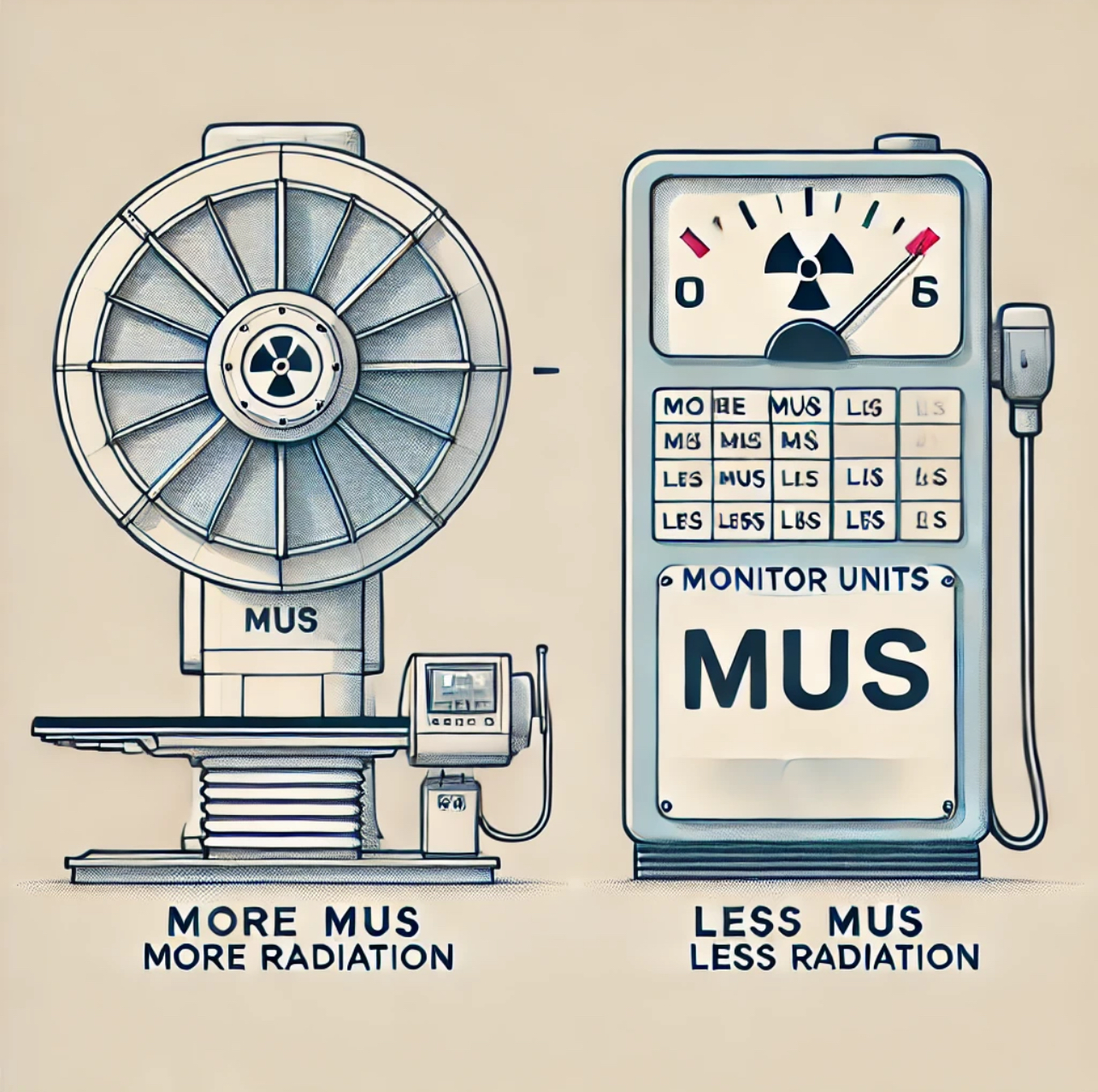 <p><span>like a gas pump for radiation therapy!</span></p><p></p><p><span data-name="record" data-type="emoji">⏺</span><span> MUs = The setting on a linear accelerator.</span></p><p><span data-name="record" data-type="emoji">⏺</span><span> They control how much radiation is given.</span></p><p><span data-name="record" data-type="emoji">⏺</span><span> Ensure the correct dose reaches the patient.</span></p><p><span data-name="record" data-type="emoji">⏺</span><span> Adjust for dose rate and treatment conditions.</span></p><p></p><p></p>