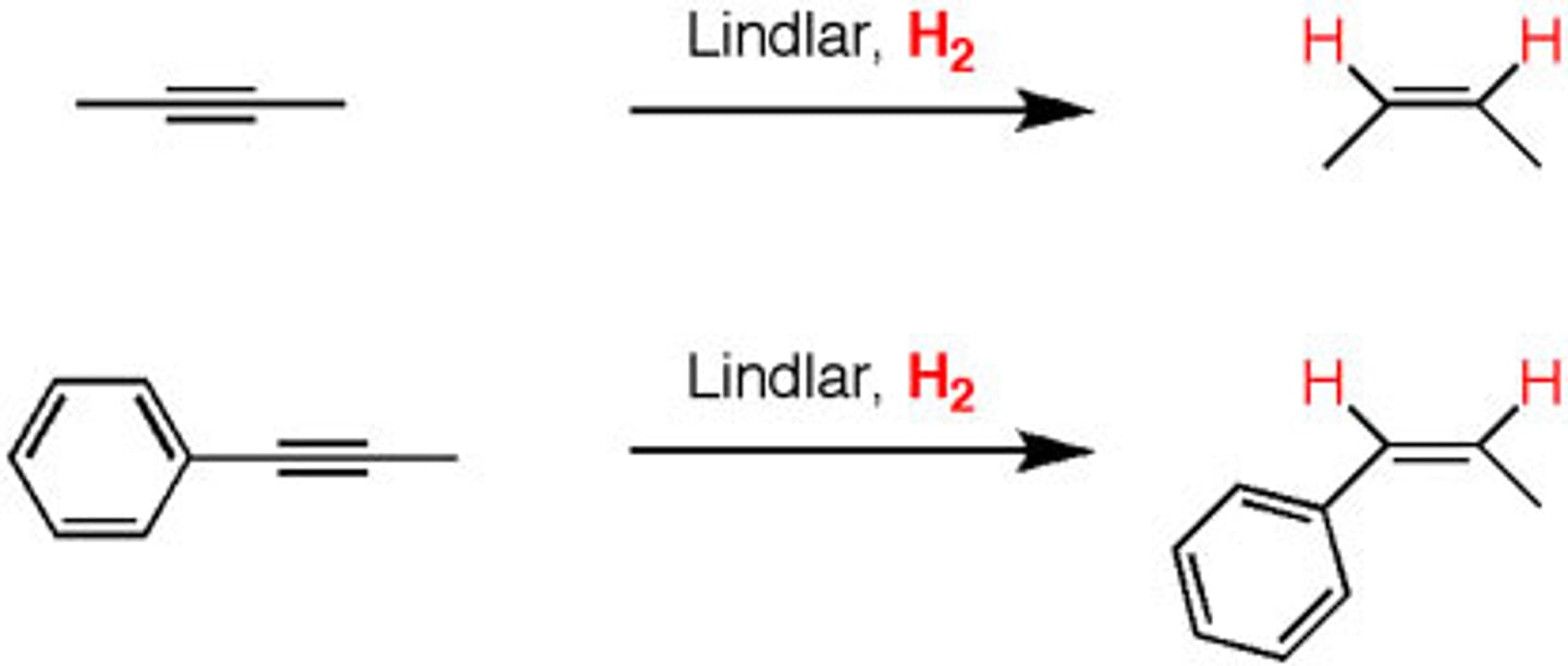 <p>H2, Pb/CaCO3, Pb(OAc)2</p><p>Adds syn to alkyne</p>