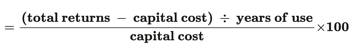 <p>(Average Annual Profit-investment cost / years of use *Initial Investment) * 100</p>
