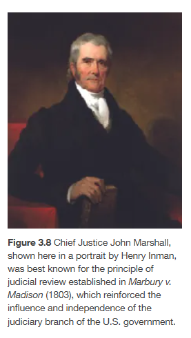 <p><span>The standoff raised two constitutional questions: Did Congress have the authority to charter a national bank? Were states allowed to tax federal property? </span></p><p></p><p><span>In <em>McCulloch v. Maryland</em>, Chief Justice John Marshall (</span>Figure 3.8<span>) argued that Congress could create a national bank even though the Constitution did not expressly authorize it.</span><sup> </sup></p><p></p><p><span>Under the necessary and proper clause of Article I, Section 8, the Supreme Court asserted that Congress could establish “all means which are appropriate” to fulfill “the legitimate ends” of the Constitution. </span></p><p></p><p><span>In other words, the bank was an appropriate instrument that enabled the national government to carry out several of its enumerated powers, such as regulating interstate commerce, collecting taxes, and borrowing money.</span></p>