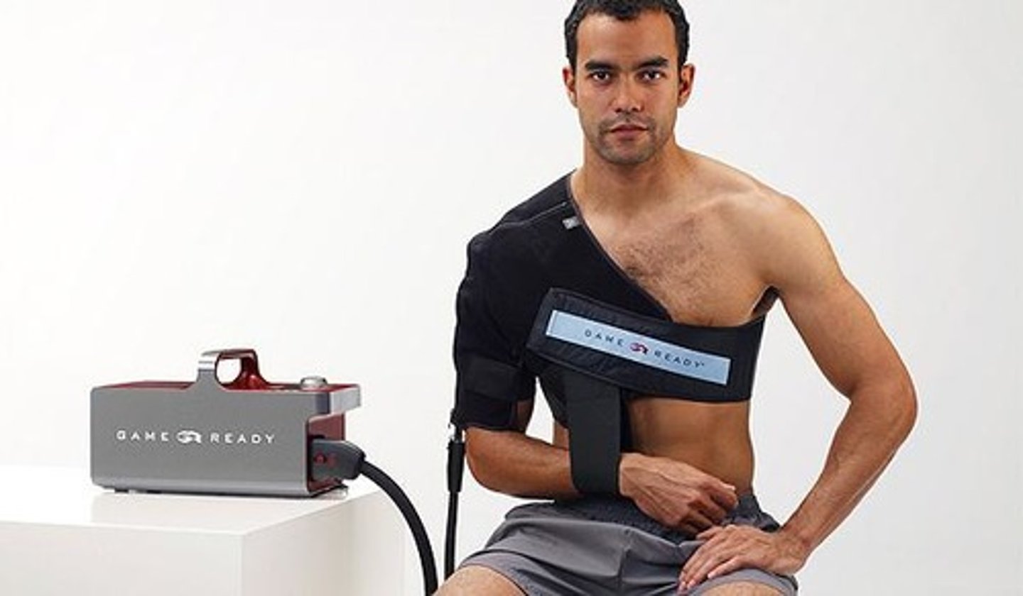 <p>combines cold therapy and compression to reduce pain and swelling, typically used after surgery or injury</p>