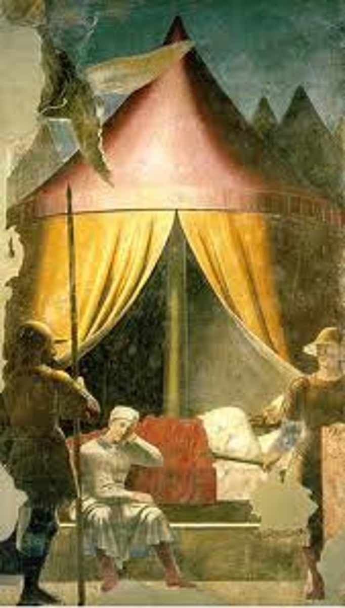 <p>Piero della Francesca, 1460 AD</p><p>moment and decision of history and established Christianity, foreshortening, shape of tent inside gives painting a cross shape</p>