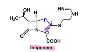 <ul><li><p>synthetic penicillin derivative w/ B-lactam </p></li><li><p>broad spectrum </p></li><li><p>resistance to B-lactamases </p><ul><li><p>due to double bond in 5 member ring </p></li></ul></li><li><p>short in vivo half-life due to hydrolysis</p></li><li><p><strong>parenteral </strong></p><ul><li><p>not stable at stomach pH because no bulk substituents </p></li></ul></li></ul>