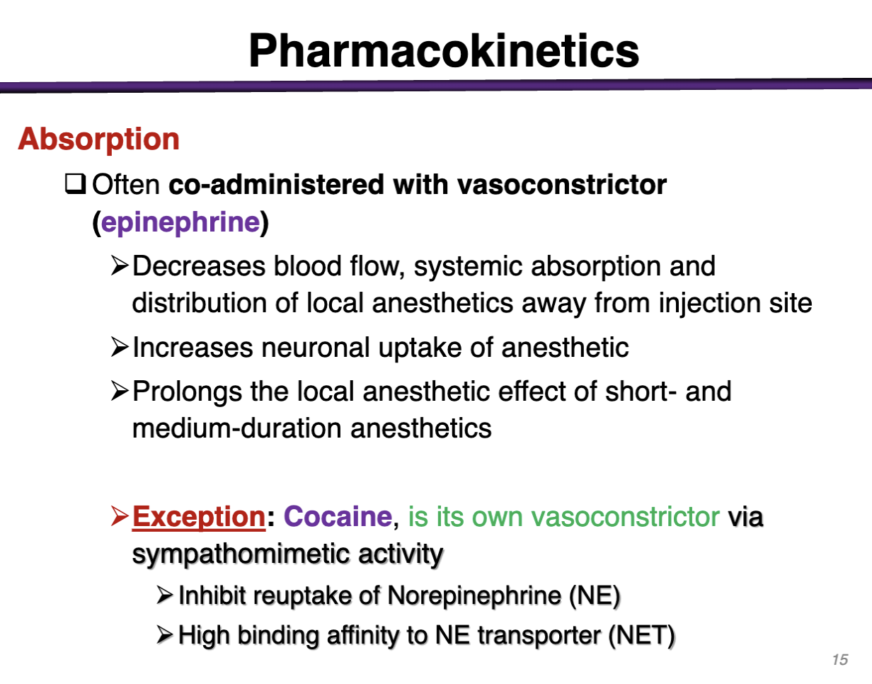 <p>COCAINE </p><p>is its own vasoconstrictor via sympathomimetic activity</p><p>Inhibit reuptake of NE and high binding affinity to NE transporter NET </p>