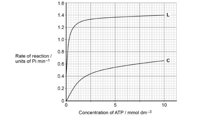 <p>Another scientist investigated an enzyme that catalyses the following reaction.</p><p>ATP → ADP + Pi</p><p>The scientists set up two experiments, C and L.</p><p>Experiment C used</p><p>• the enzyme</p><p>• different concentrations of ATP.</p><p>Experiment L used</p><p>• the enzyme</p><p>• different concentrations of ATP</p><p>• a sugar called lyxose.</p><p>The scientists measured the rate of reaction in each experiment. Their results</p><p>are shown in the graph.</p><p>Lyxose binds to the enzyme.</p><p>Suggest a reason for the difference in the results shown in the graph with and without lyxose. (3) </p>