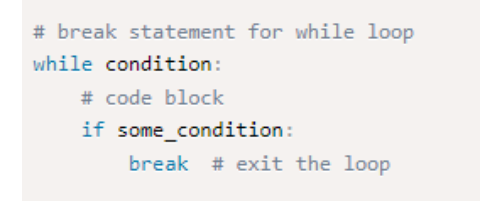 <p>is <span style="color: rgb(255, 107, 107);">used to exit from the loop immediately after a particular condition is met.</span></p><p></p>
