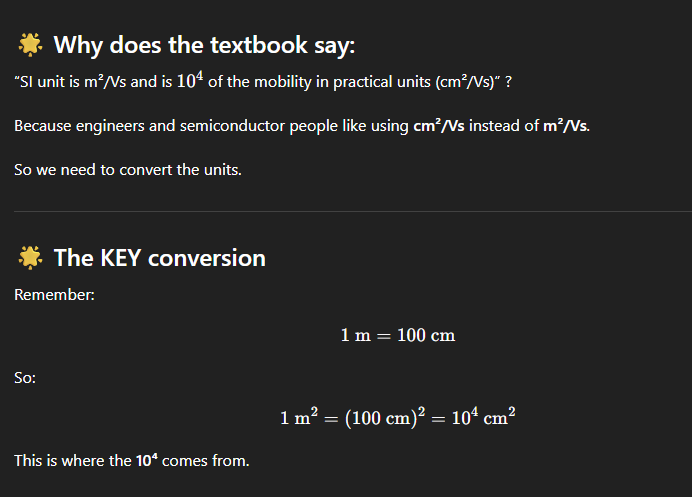 <p>SI unit → cm<sup>2</sup>/Vs; 10<sup>4</sup></p>