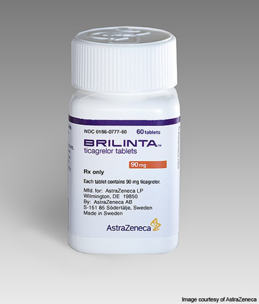 <p>Brand: Brilinta</p><p>Class: Anti-platelet, P2Y12 antagonist</p><p>Indication: Reduce risk of first MI (myocardial infarction) or stroke in patients at risk or reduce CV (cardiovascular) death, MI or stroke in pts with ACS (acute coronary syndrome) and history of MI</p>