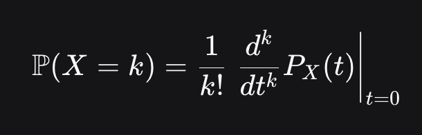 <p>This process proves that the PGF and the probability distribution contain the <strong>exact same information</strong>. If <span>PX</span>​(t) is identical to <span>PY</span>​(t), then decoding them will produce the exact same set of probabilities. Therefore, X<span> </span>and Y<span>&nbsp;</span>must be identically distributed.</p>