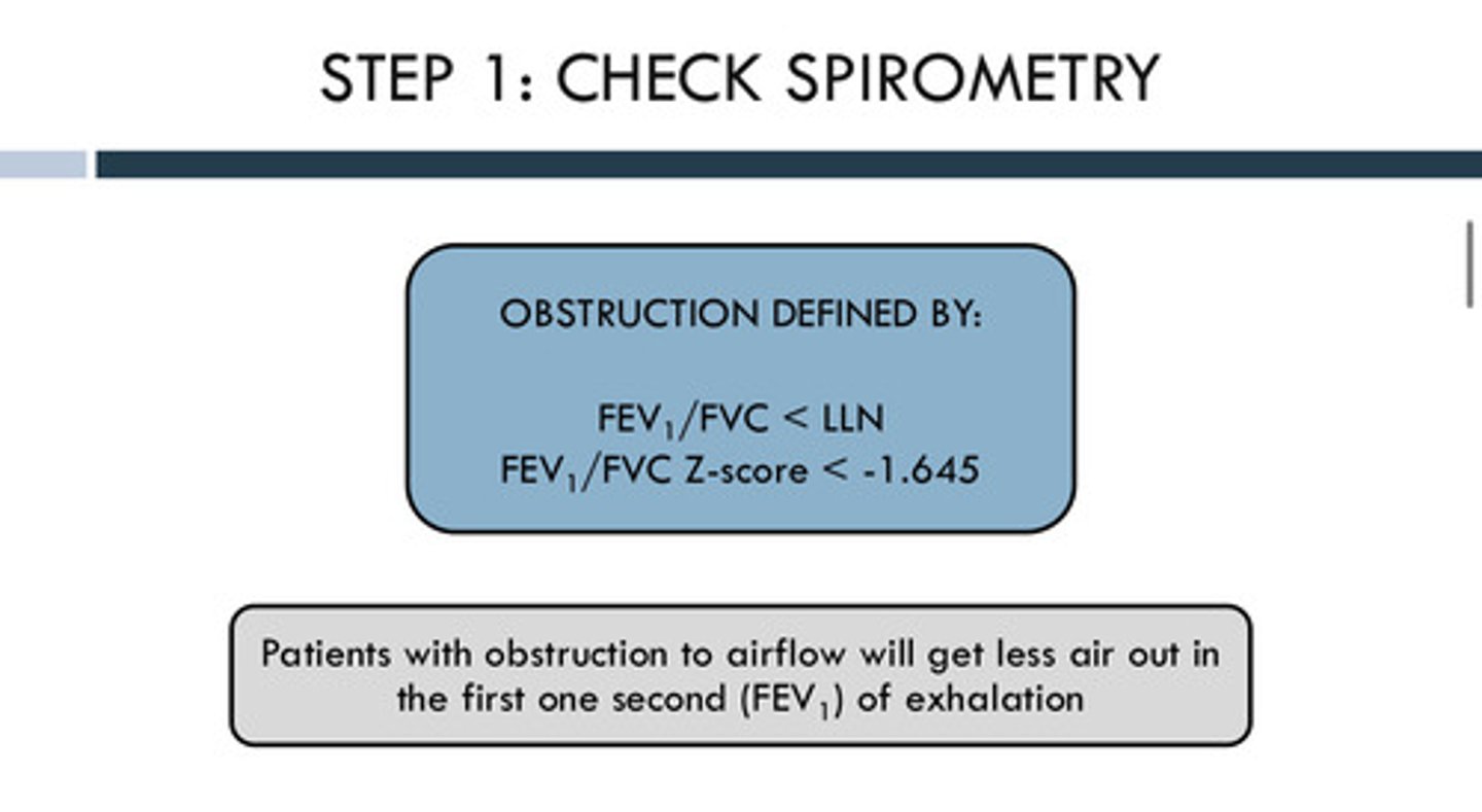 <p>obstruction can be defined by a FEV<sub>1</sub>/FVC z-score value less than <strong>-1.645</strong></p>