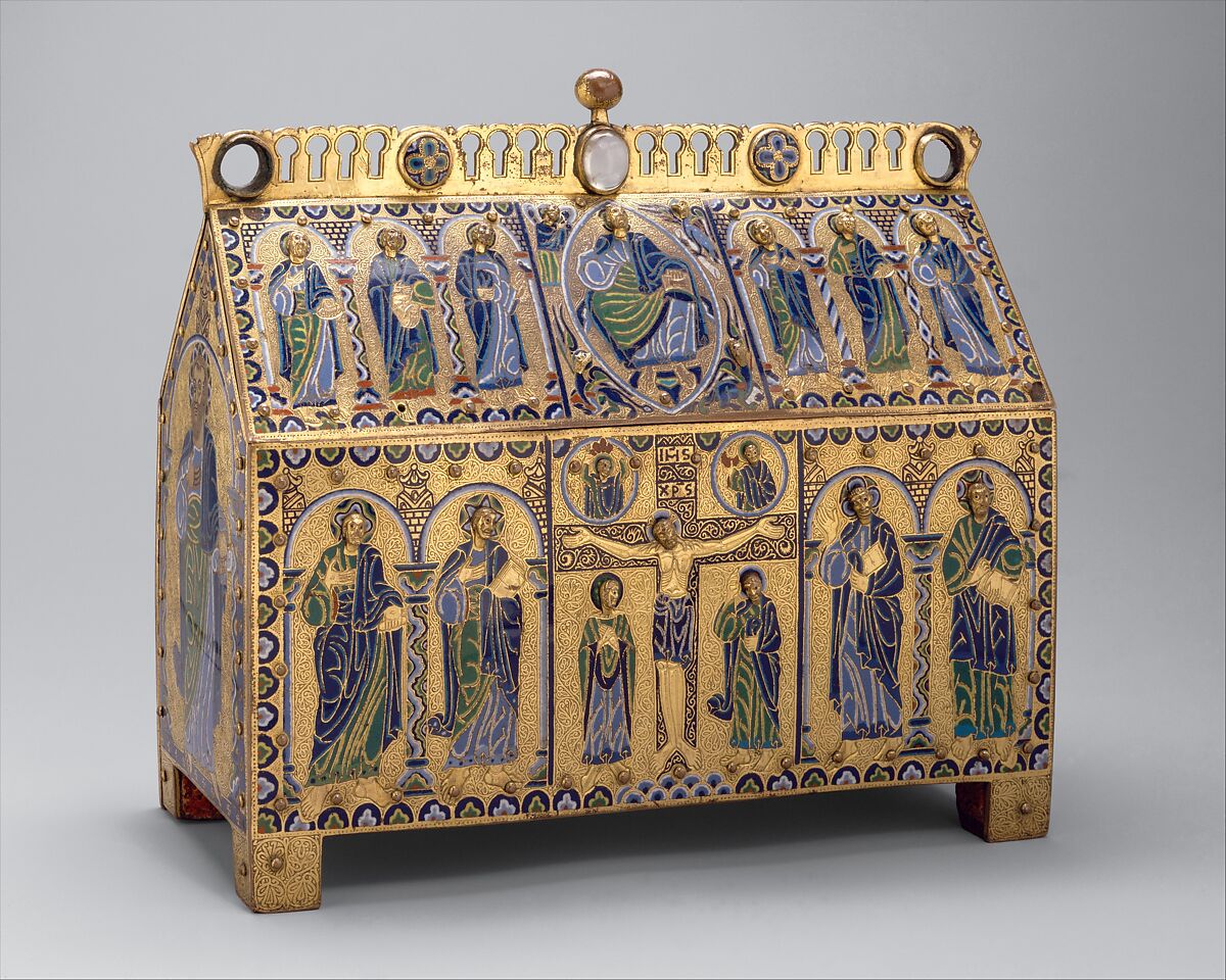 <p>container, often a shrine or casket designed to hold sacred relics</p>