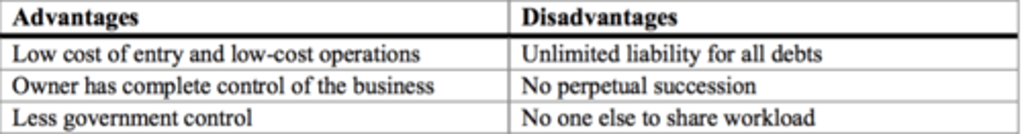<p>The individual owner of a business who is entitled to keeping all profits, as they are legally and financially responsible for all aspects of the business but are liable for all losses.</p><p>- Owner has full control of assets and business decisions</p><p>- Simplest and most inexpensive form of business structure, as it only involves a single operator</p><p>who does all planning, organising, leading and controlling.</p><p>- Liable for all losses of the business, being that they are totally responsible if the business incurs</p><p>losses or debts (this is known as unlimited liability).</p>