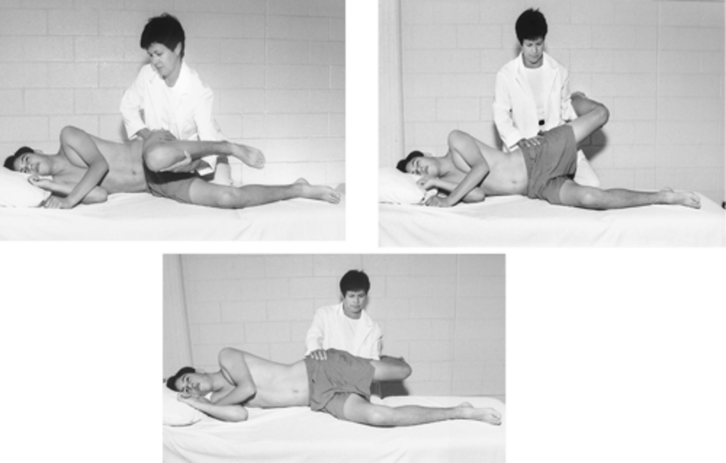 <p>fulcrum: ASIS<br>proximal: imaginary line extending from one ASIS to another<br>distal: anterior midline of femur, midline of patella reference<br><br>stabilize pelvis<br><br>COMPARE TO NORMAL HIP ADDUCTION (supine)<br><br>normal = 10</p>