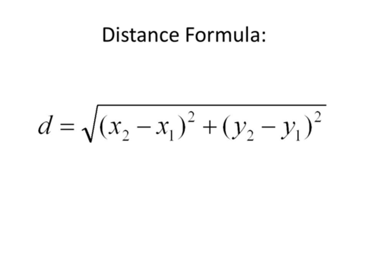 <p>The distance between points (X₁,Y₁) and (X₂,Y₂) is given by the equation</p>