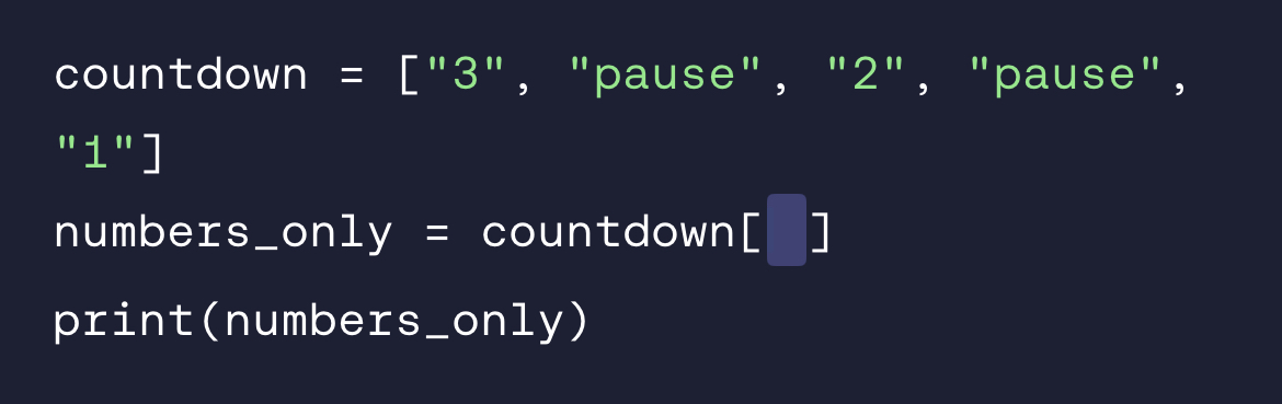 <p>Complete the list slicing in the code so that  [⁠3⁠,⁠ 2⁠,⁠ 1⁠]⁠  is printed at the end.</p>