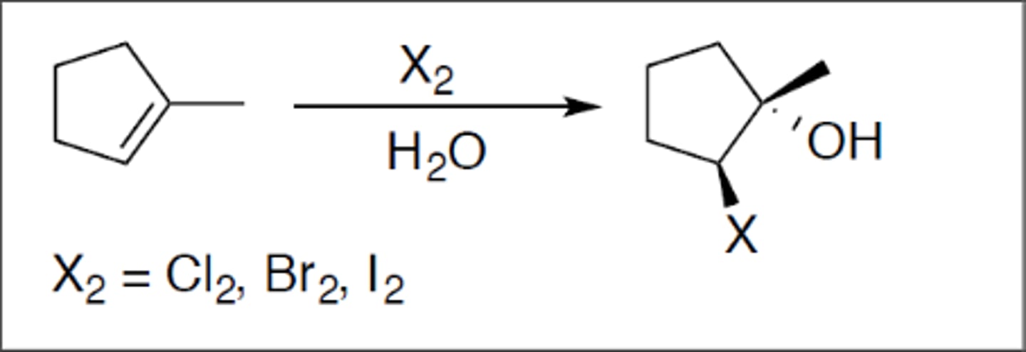 <p>Carbocation: no</p><p>Regiochemistry: mark (-OH)</p><p>Stereoselectivity: anti</p><p>Reagent(s): X2 = Cl2 or Br2 over H2O</p><p>- anti addition of OH to more stable CC+ of alkene</p><p>KNOW MECHANISM</p>