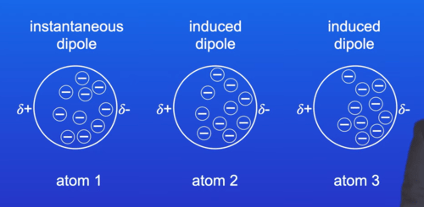 <p>An instantaneous dipole will induce a dipole on a neighboring molecule due to the slight charges on it causing a domino effect. London forces occur from interaction of all electrons between each molecules.</p>