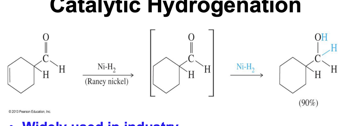 <p>Reducing reagent&nbsp;</p><ul><li><p>NiH<sub>2</sub></p></li></ul><ol><li><p>it will attack the alkene (C = C ) first </p></li><li><p>then it attacks the carbonyl </p></li></ol><p></p>