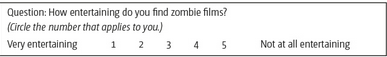 <p>Scale of (usually) 5 points on a descriptor to answer a question.</p>