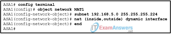 <p>18. Refer to the exhibit. What kind of NAT is configured on the ASA device?</p><p>dynamic NAT</p><p>Twice NAT</p><p>dynamic PAT</p><p>static NAT</p>