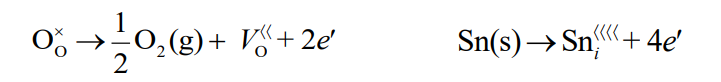 <ul><li><p><strong>VO</strong><span style="font-family: "Cambria Math", serif"><strong>⋅⋅</strong></span><span style="font-family: Arial, sans-serif"><strong>​</strong></span> = Oxygen vacancy</p></li><li><p><strong>O_O</strong> = Oxygen atom in the lattice</p></li><li><p>Generates <strong>free electrons</strong>, increasing conductivity.</p></li></ul><p></p>