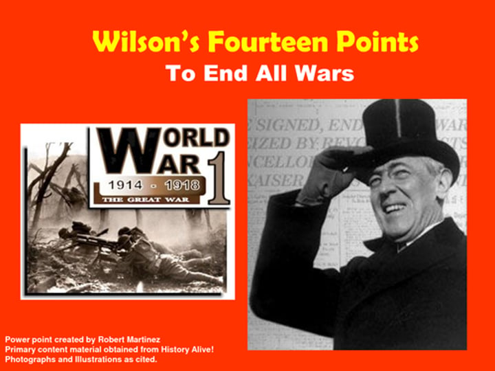 <p>1917 - peace program presented to U.S. Congress by Pres. Woodrow Wilson to persuade Germany to agree to an armistice - if the Kaiser left the throne. Called for 1) evacuation of German-occupied lands; 2) re-drawing of borders &amp; settling territorial disputes for populations seeking self-determination - nationhood; 3) creating an association of nations to preserve the peace / guarantee their territorial integrity; 4) freedom of navigation on the oceans.</p>