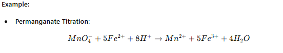 <ul><li><p>Involves <strong>oxidation-reduction reactions</strong>.</p></li><li><p>One species <strong>loses electrons</strong> (oxidation), while the other <strong>gains electrons</strong> (reduction).</p></li></ul><p></p>