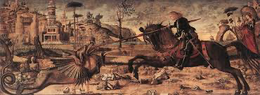 <p>What is Saint George doing in Carpaccio’s painting of him? </p>