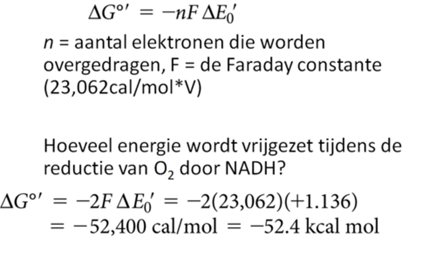 <p>als ∆E°' positief is, dan is ∆G°' negatief en krijg je een exergonisch proces</p><p>∆E°' en ∆G°' is een maat van de thermodynamische spontaneïteit voor een redoxreactie onder standaard condities.</p><p>foto: 1,136 komt uit het vorige kaartje (en die waarden kwamen uit de tabel)</p>