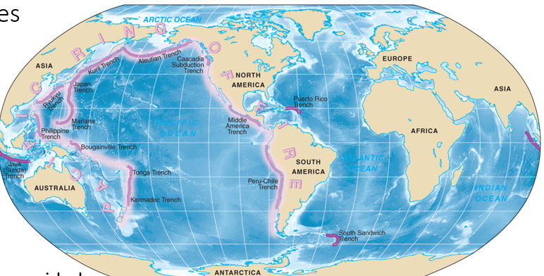 <p><span>Linear, narrow, steep-sided</span></p><p style="text-align: left;"><span>Associated with subduction zones</span></p><p style="text-align: left;"><span>Deepest parts of ocean</span></p><p style="text-align: left;"><span>Mariana Trench, 11,022 m (36,161 ft)</span></p><p style="text-align: left;"><span>Majority in Pacific Ocean</span></p>