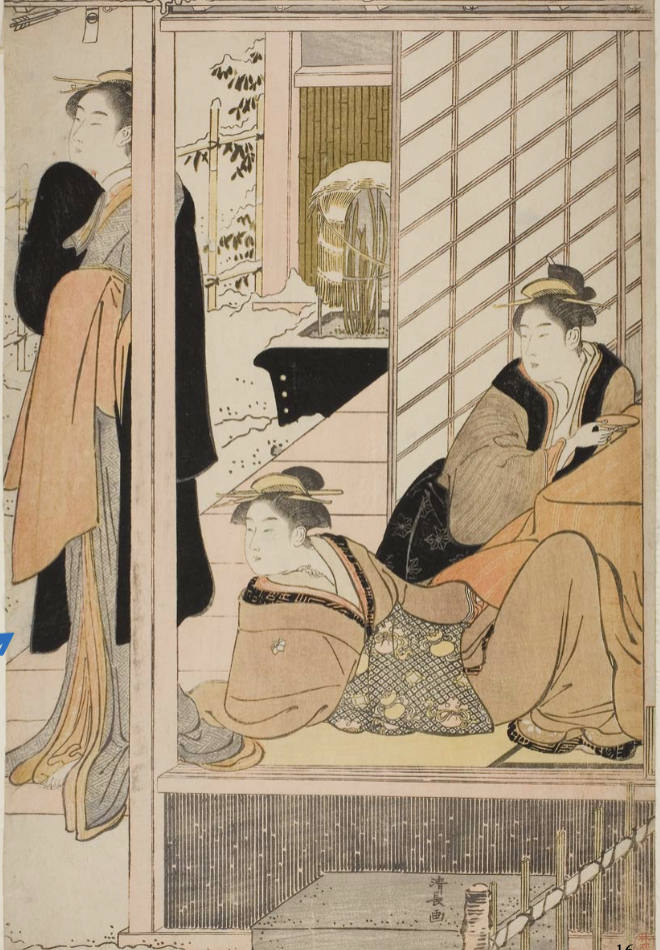 <ul><li><p>architectural element cuts figure into halves</p></li><li><p>prostitutes waiting for customers</p></li><li><p>an interior opening to the outside</p></li><li><p>inspired by Geishas enjoying a leisure moment in a meeting that opens to the exterior, also figure cut in half  </p></li></ul><p></p>