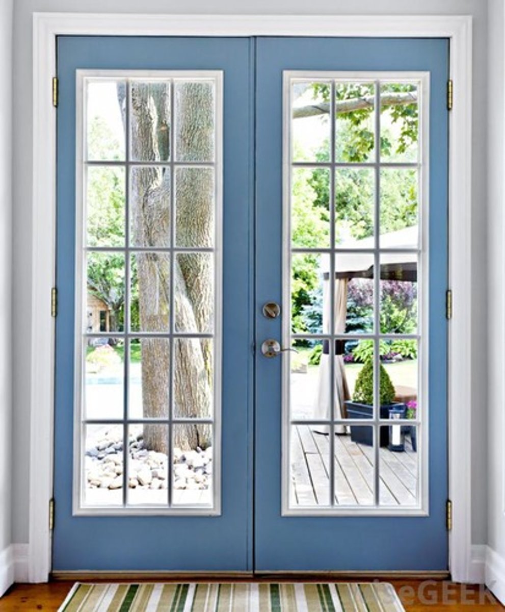 <p>door having rectangular glass panes extending throughout its length often hung in pairs</p>