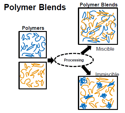 <ul><li><p>Miscible blends: homogeneous, single-phase, similar thermal properties</p></li><li><p>immiscible blends: heterogeneous, multi-phase, different thermal properties</p></li></ul><p></p>