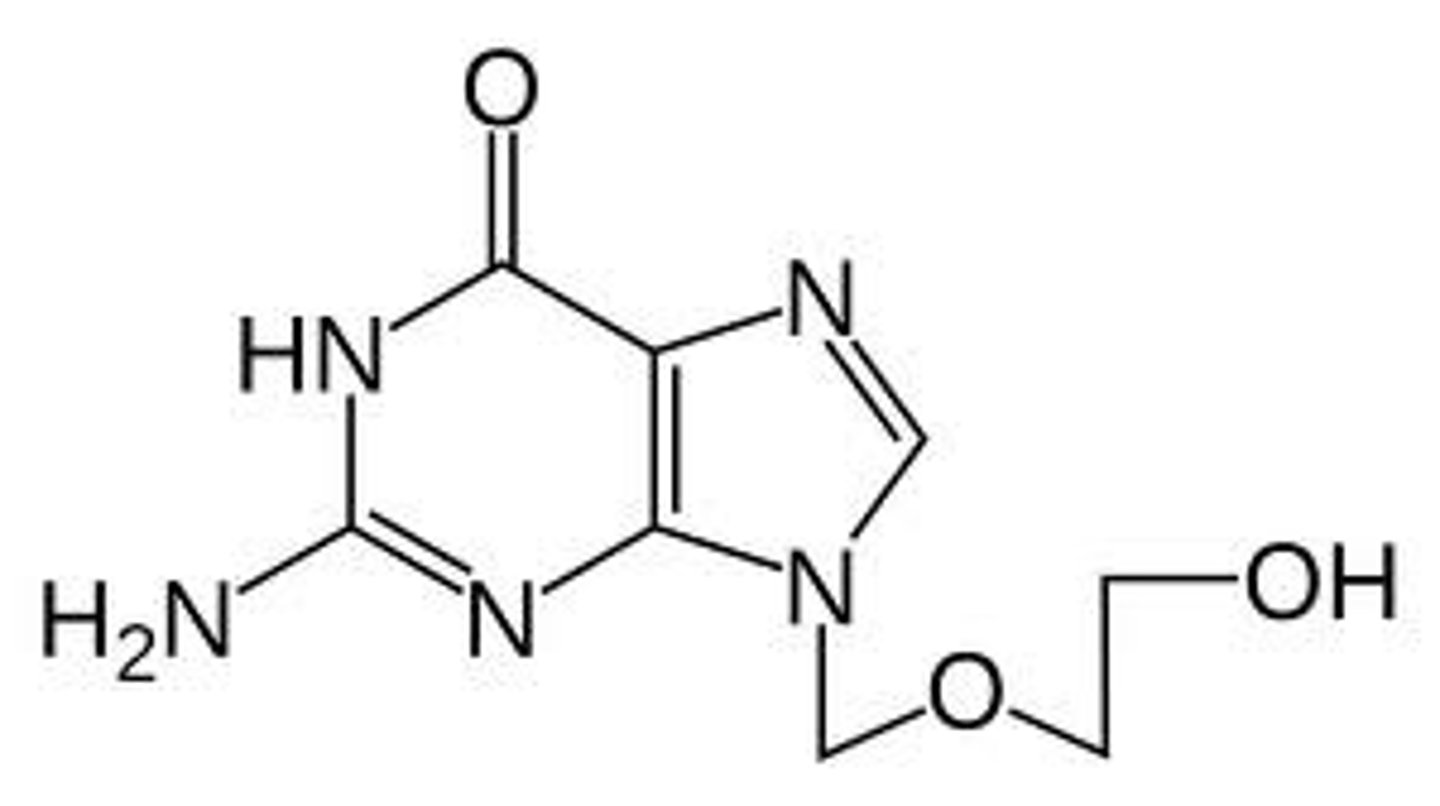 <p>nucleoside analog looks like guanine. picked up by herpes and blocks replication</p>