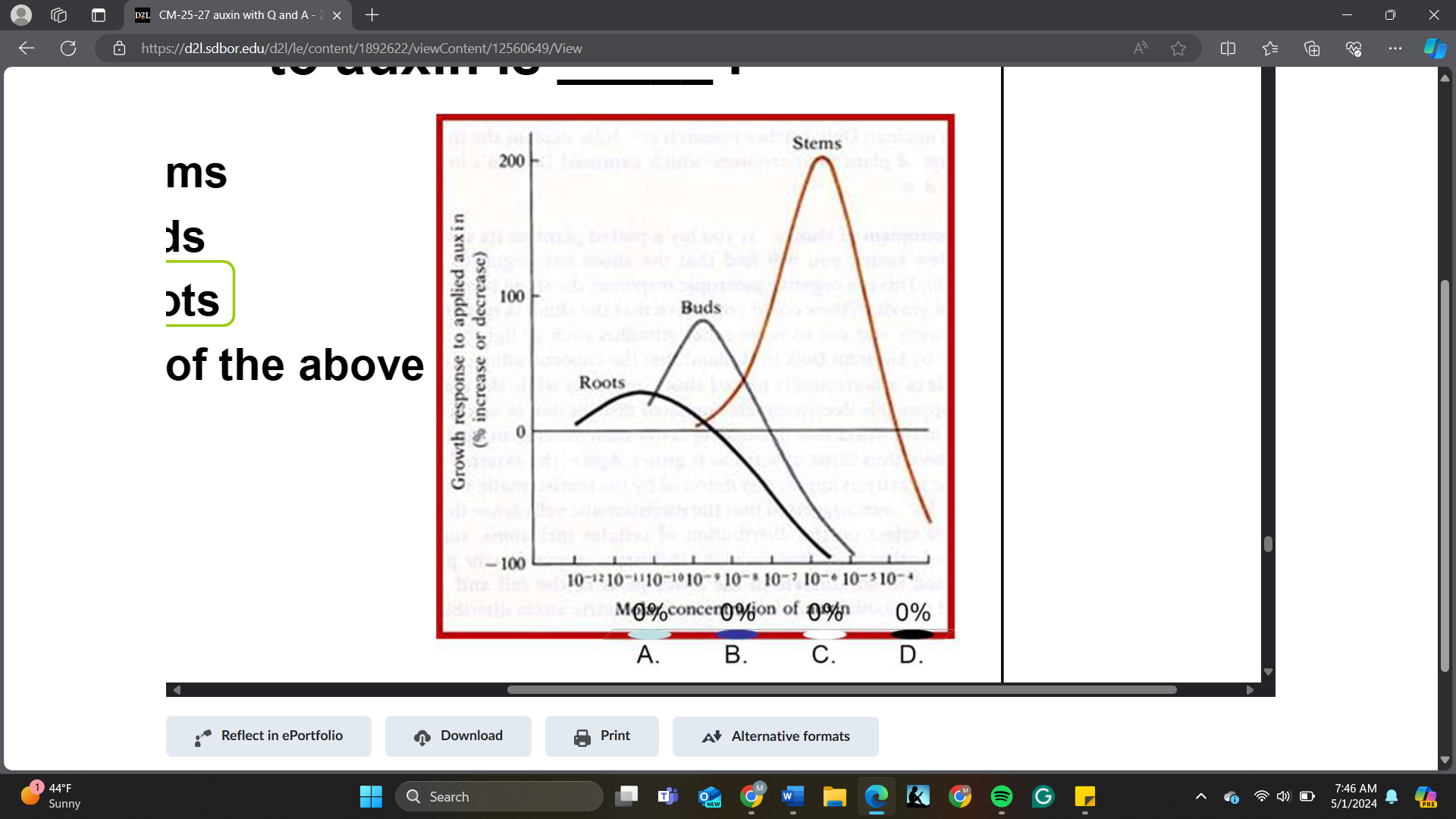 <p>The organ that shows the greatest growth promotion to auxin is _____</p><p>A. Stems<br>B. Buds<br>C. Roots<br>D. All of the above</p>