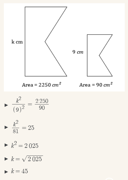 <ol><li><p>Unknown side squared over known side = Area for shape w unknown side over other one</p></li><li><p>Simplify by dividing 2nd fraction</p></li><li><p>Divide both sides by bottom no of fraction</p></li><li><p>Remove square from unknown side and square root the number</p></li><li><p>That is answer</p></li></ol><p></p>