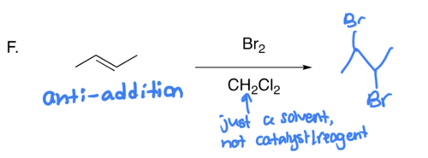 <p>- Addition of two halogens (Br)</p><p>- Anti-addition, no carbocation (due to cyclic bromonium formation)</p><p>- Uses a solvent like Ch2Cl2</p>