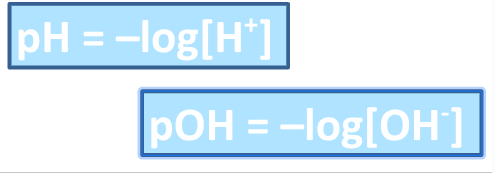 <ul><li><p><span><strong><u>pH</u></strong> measures the concentration of hydrogen ions <strong>[H<sup>+</sup>]</strong></span></p></li><li><p><span><strong><u>pOH</u></strong> measures the concentration of hydroxide ions <strong>[OH<sup>-</sup>]</strong></span></p></li></ul><p></p>