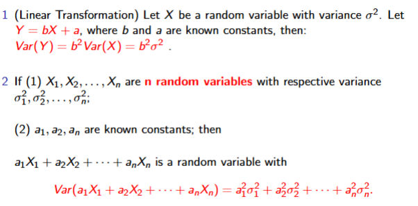 <ol><li><p>Multiplication</p></li><li><p>Random Variables Addition works</p></li><li><p>Mean variance of random variables is $$\sigma$$/ n</p></li></ol><p></p>
