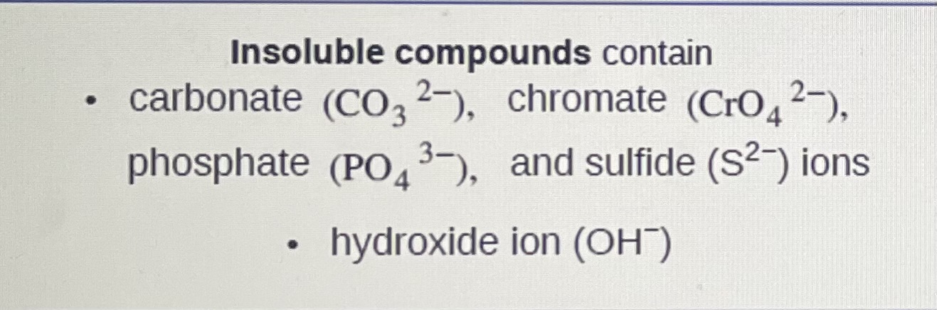 <p><span><strong>CO3^2-, CrO4^2-, PO4^3-, S^2-, OH- </strong></span></p>