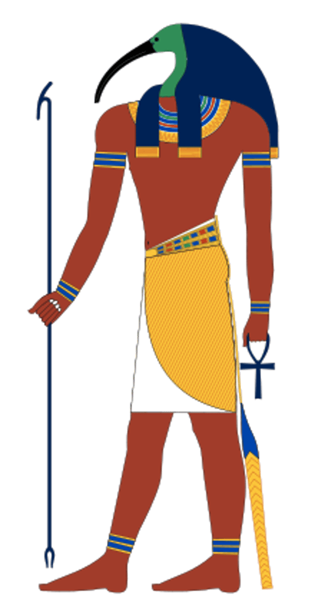 <p>God of the mind and wisdom; smart; head of an Ibis; responsible for hieroglyphics. Counterpart of Sheshat.</p><p>-Thoth is an ancient Egyptian god associated with wisdom, writing, magic, and the moon, often depicted as a man with the head of an ibis or as a baboon.</p><p>-He was revered as the inventor of writing and the patron of scribes and scholars, responsible for recording the deeds of the gods and the affairs of mortals.</p><p>-Thoth was also associated with the moon and the measurement of time, and he was believed to regulate the -cycles of the moon and the stars.</p><p>-He was worshipped as a mediator and arbitrator, often invoked by those seeking wisdom, knowledge, and guidance in matters of law, science, and magic.</p>