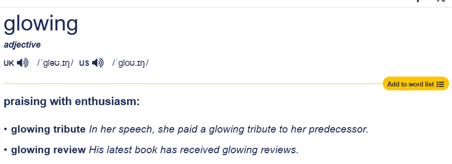 <p>*Give the film glowing reviews/comments: đưa ra những lời nhận xét hoa mỹ, bóng bẩy</p><p></p><p>&nbsp;</p>