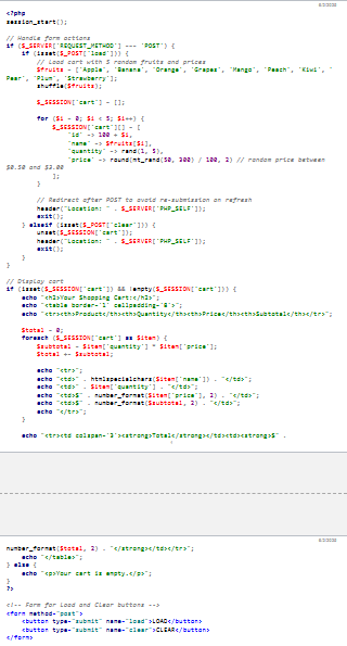 <p>In the given PHP script, which of the following statements best describes what happens when the "LOAD" button is clicked and the page is refreshed immediately after?<br></p>
