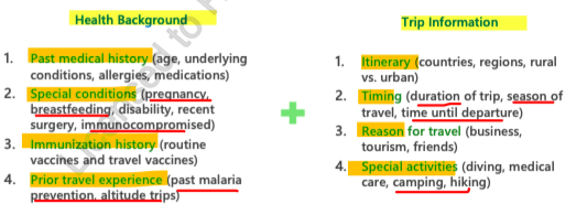 <ul><li><p>see travel specialist at least<strong> </strong><span style="color: blue;"><strong><u>6 weeks </u></strong>before travel</span></p></li><li><p>clinicians review patients <span style="color: blue;"><strong>medical and immunization history</strong></span></p></li><li><p>trip specific health concerns based on pt <span style="color: blue;"><strong>medical hx and area of travel</strong></span></p></li></ul><p></p>