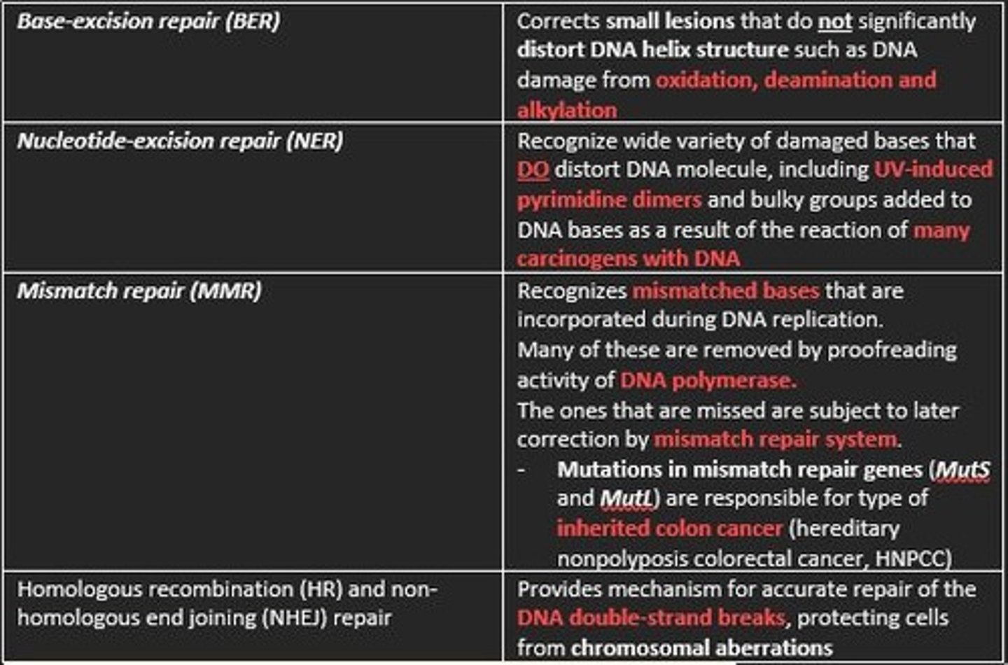 <p>Corrects small lesions that do not significantly distort DNA helix structure</p><p>- Damage from oxidation, deamination and alkylation</p>