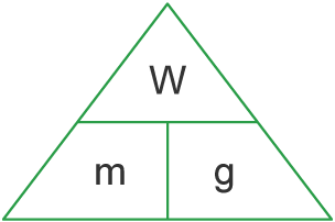 <p><strong><u>w = mg</u></strong></p><p>w = weight in N</p><p>m = mass in kg</p><p>g = gravitational field strength in N/kg</p>